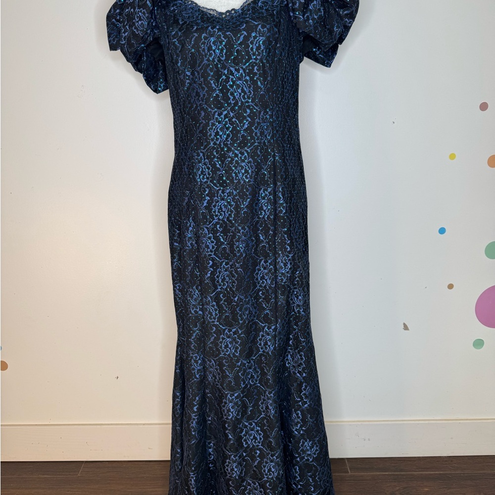 Vintage 80s Elegant Black and Blue Lace Gown